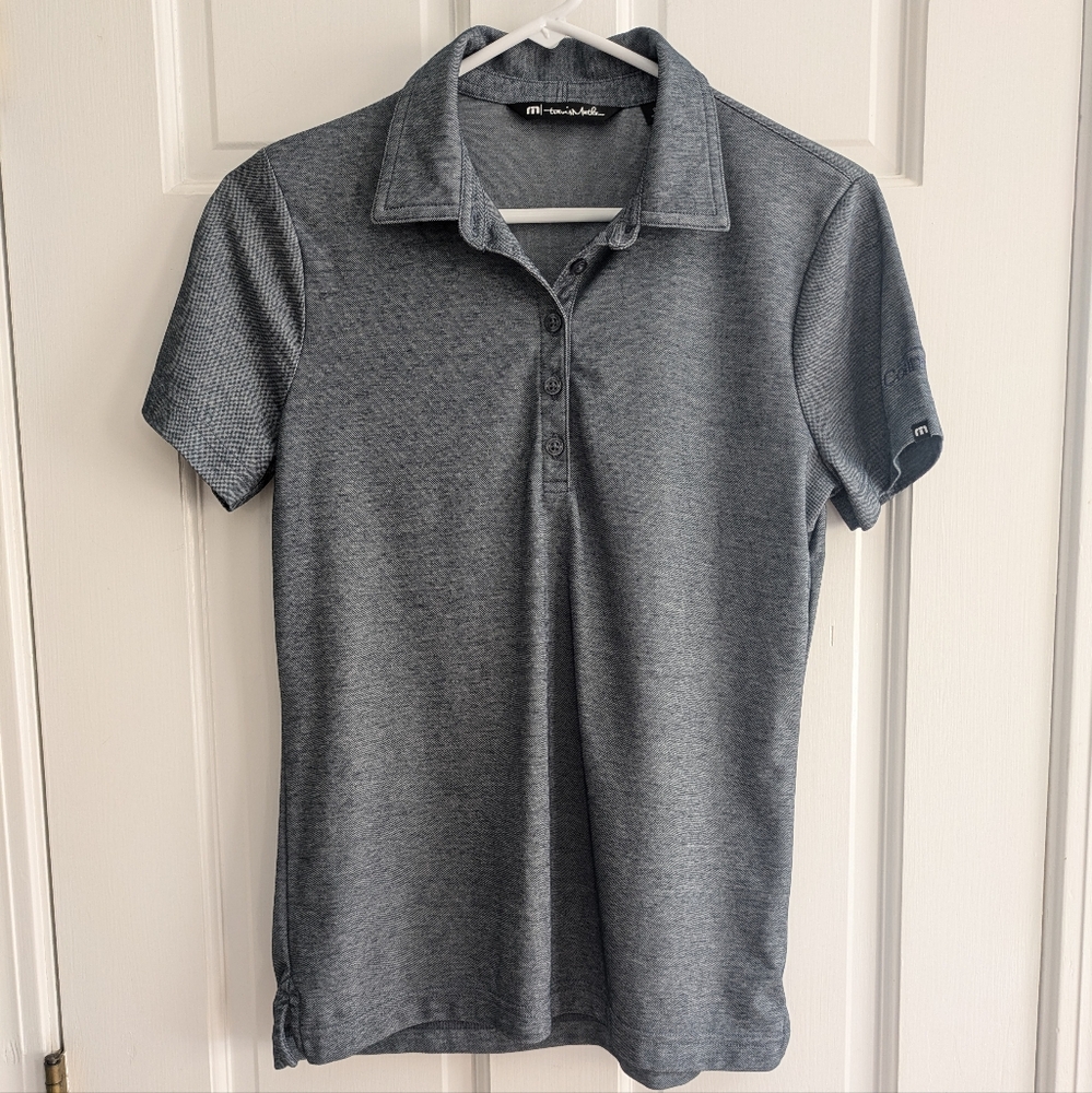 Travis Matthew grey blue short sleeve golf athletic polo w company logo size S